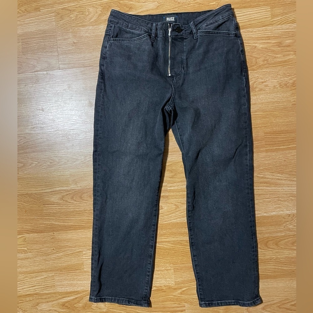 PAIGE -Noella Exposed Zip Crop Relaxed Straight Leg Jeans Black Shore Distressed - Picture 3 of 6